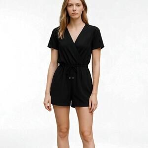 Philosophy Wrap Drawstring Romper Black V-Neck Short Sleeve Size S